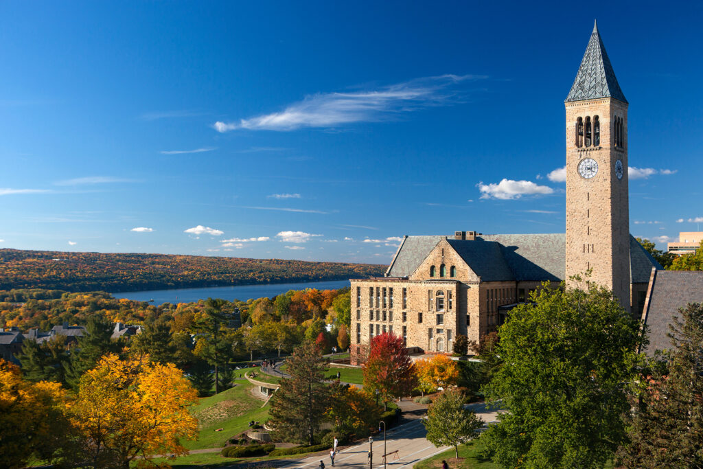 View of clock tower and Cayuga Lake