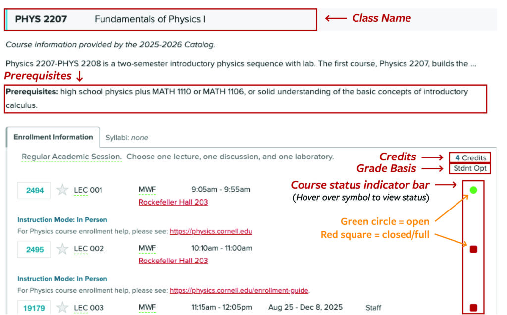 A course roster example showing class name, prerequisites, credits, grading basis, and course status