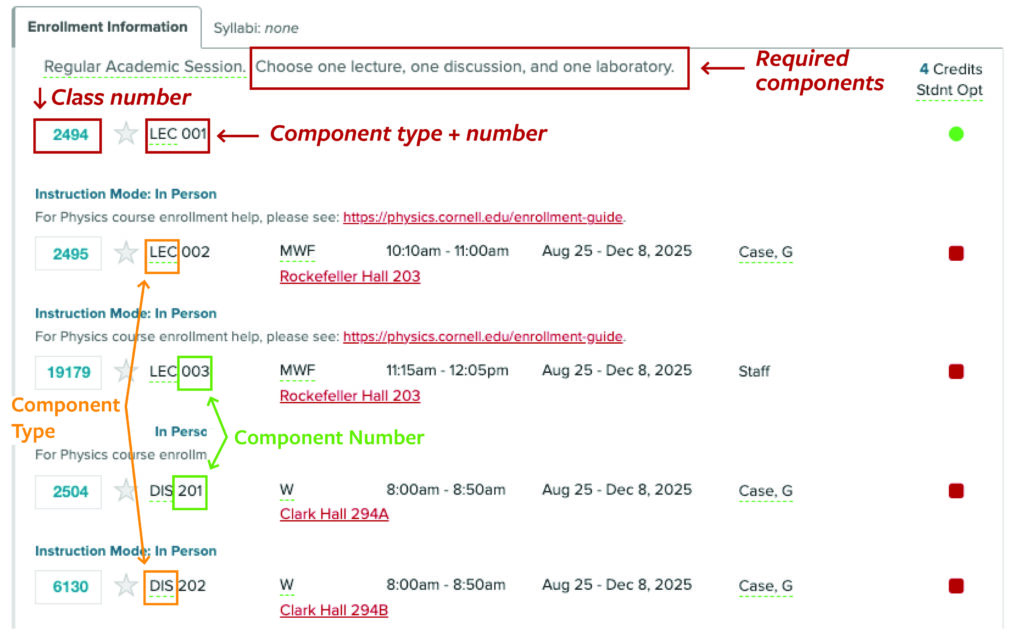 A course roster example showing class numbers, component types, and component numbers